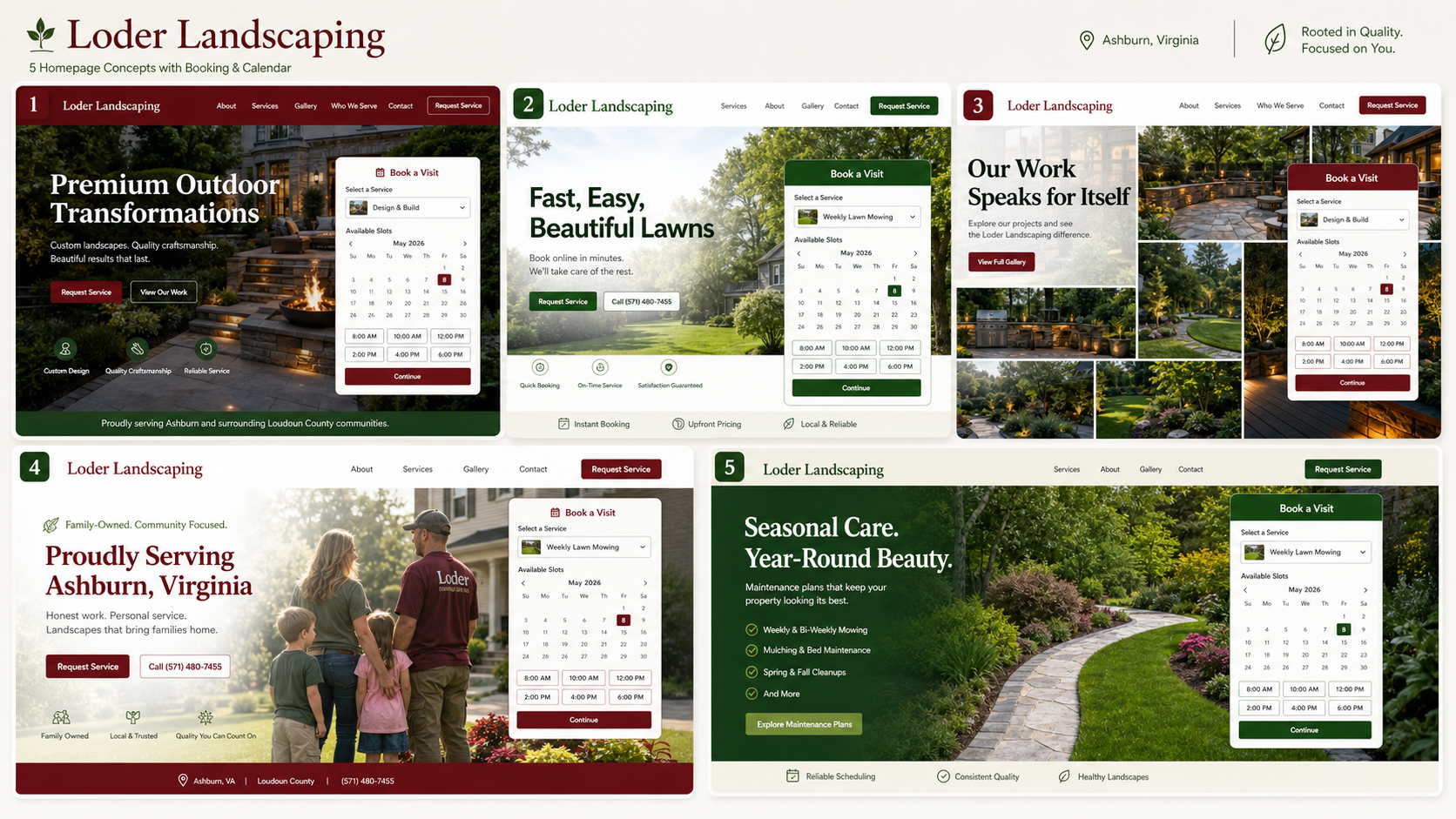 A concept board showing five Loder Landscaping homepage redesign directions.