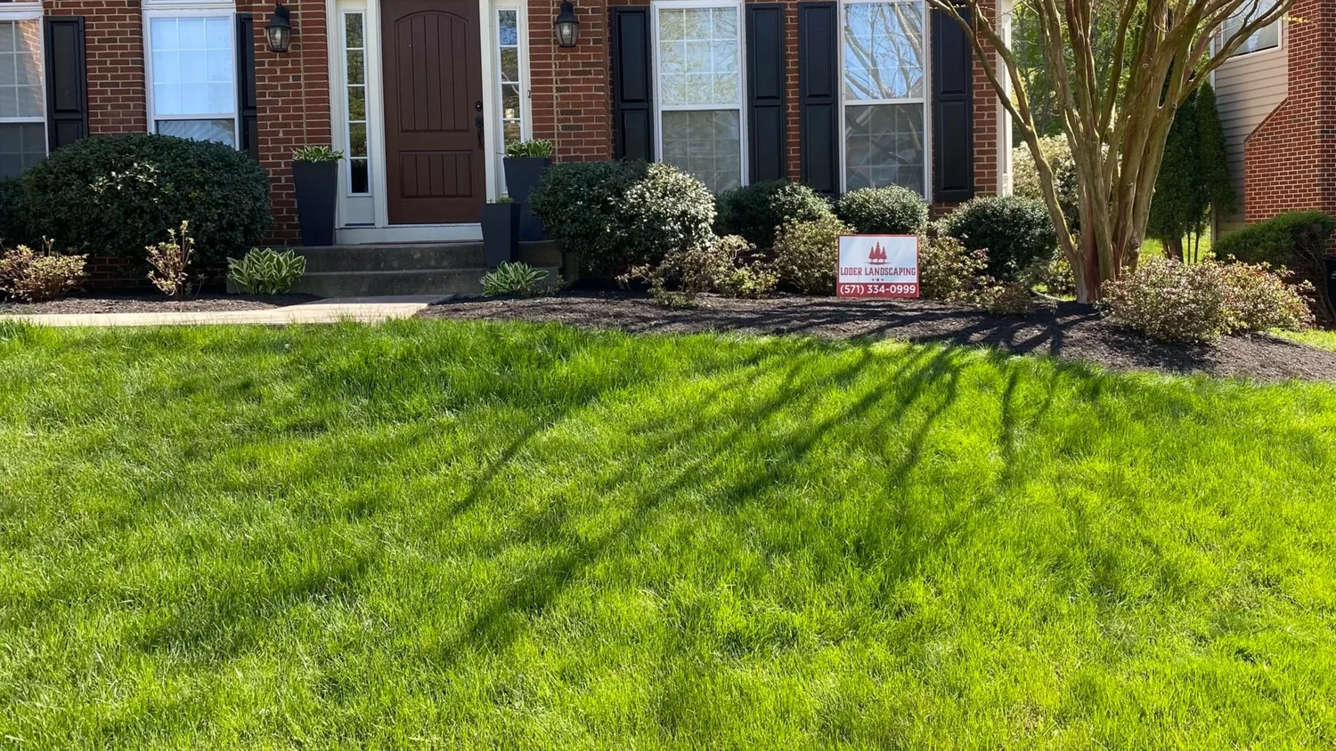 A maintained front yard landscaped by Loder Landscaping.